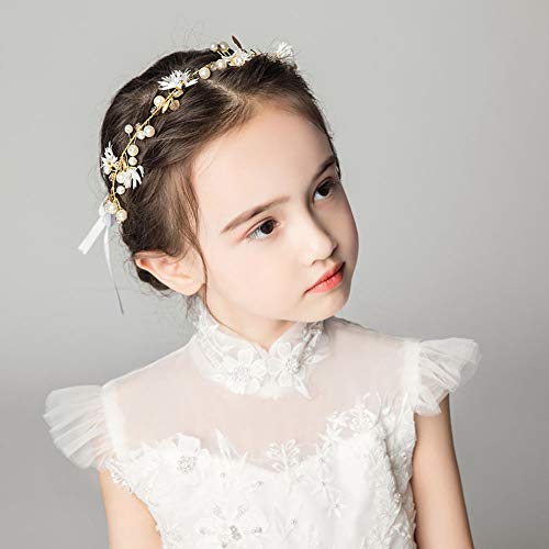 Prdgirl Flower Girl Headpiece White Little Daisy Gold Leaf Faux Pearls Rhinestone Floral Leaves Hair Accessories Girls Bridal Party Wedding #TOP3