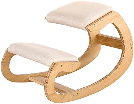 Predawn Ergonomic Kneeling Chair,Rocking Knee Chair Upright Posture Chair for Home Office Meditation Wooden & Linen Cushion-Office Chair for Back Neck Pain Relief & Improving Posture (White Oak)