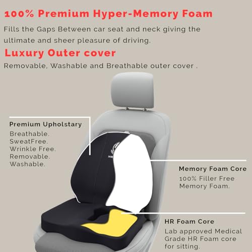 Image of MRRON Car Seat Lumber and Coccyx Pillow Kit Memory Foam Back Support and Siting Cushion Ergonomic Adjust Sitting Position Relief Pain for Car or Office Chair (Black, Spine Support)