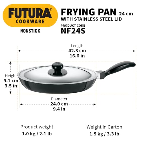 Image of Hawkins Futura 24 cm Frying Pan, Non Stick Fry Pan with Stainless Steel Lid, Black (NF24S)