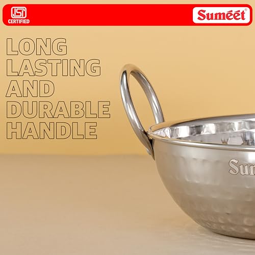 Image of Sumeet ISI Certified Stainless Steel Mini Kadhai for Serving, Tadka - Hammered Kadai, Induction and Gas Stove Friendly, Small Size (Set of 3Pc, 350ml, 550ml, 750ml, Silver)