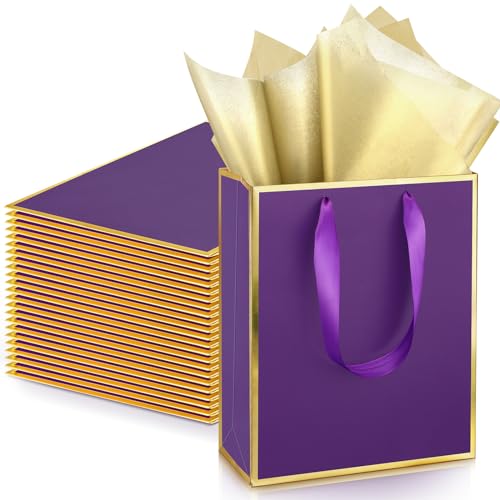 Image of Yeaqee 24 Pack Metallic Paper Gift Bag with Tissue, Purple Gold | with Satin Ribbon Handle and Tissue, 9x7x3.1 Inch, Suit Business, Birthday, Christmas, Thank You Return Gifts Bags