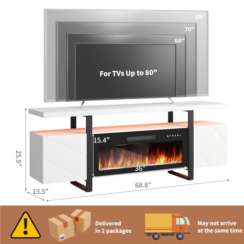 REDAYFUR Fireplace TV Stand with 36" Electric Fireplace,LED Light Entertainment Center with Hidden Storage Cabinet,Media Console for TVs up to 80",Modern White