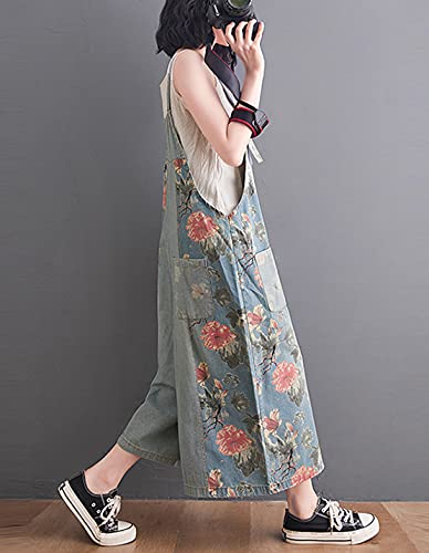Cowoka Women's Loose Print Adjustable Straps Denim Baggy Bib Overalls Casual Wide Leg Jeans Jumpsuit Rompers Pants Light Blue M #TOP3