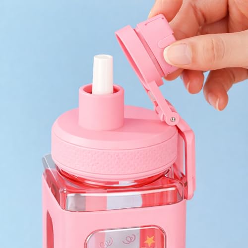 Image of Kawaii Water Bottle for Girls with Straw & Movable Handle | Cute Plastic Bottle with 2D & 3D Stickers | Stylish School & Travel Bottle for Kids (750 ml)