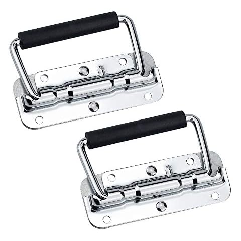 HENTEK 2 Pcs Box Handle Spring Folding Handle Chest Handle Flight Case Handle Stainless Steel Folding Handle Spring 4 Holes 11 x 4,1 cm Silver Cover