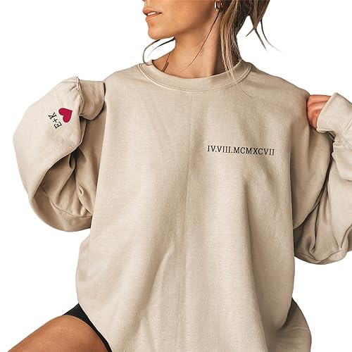 Personalized Embroidered Roman Numerals Sweatshirt Custom Anniversary Date Matching Couples Hoodie Gifts with Initial Heart Gift for Valentine's Day2