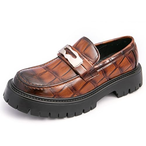 Men's Patent Leather Printed Platform Loafers Retro Round Toe Lug Sole Anti-Slip Formal Business Slip-On Shoes Casual Work Penny Loafers