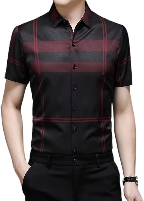 Mens Business Casual Short Sleeve Shirt Plaid Button Up Work Office Classic Style