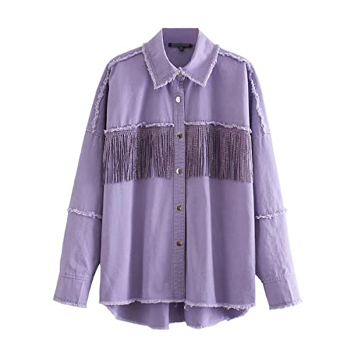 Veste en jean effiloché violette stretch et confortable coupe grande taille style rétro