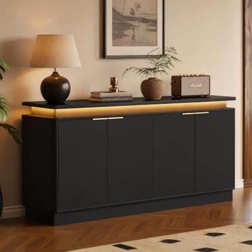 Image of LKTART 65.7 inch Sideboard Buffet Cabinet with Storage, LED Lights,Black