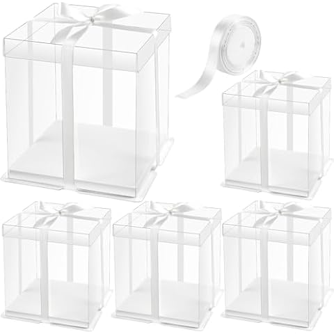 Ocmoiy 8 × 8 × 9 In. Clear Cake Box with Ribbon, 5 Pcs White Disposable Cake Carrier with lid for 2-Layer Cake Holder, Display and Gift Packaging Cover