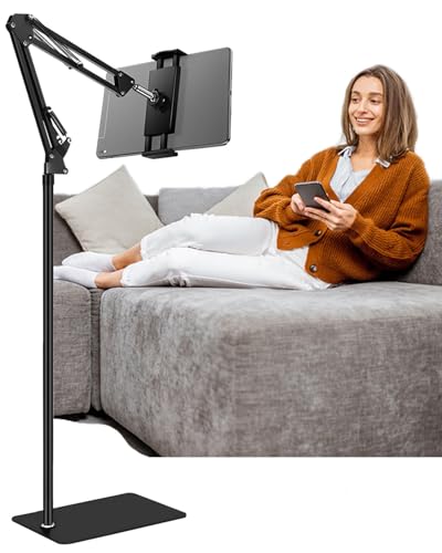 iPad Tablet Floor Stand, Overhead Phone Mount - Adjustable Angle Height Stretchable Arm Swivel Kindle Holder, Compatible with iPad Mini Air Pro Kindle Switch Cell Phones 4.7''-13'' Screen Devices