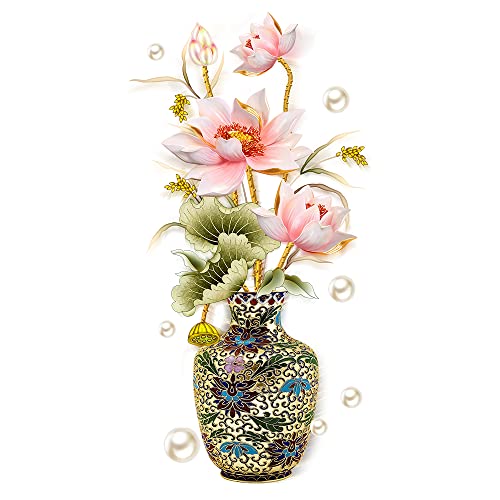Dechom Chinese Style Lotus Flower Classical Vase Wall Sticker Pearl Living Room Art Wall Decals Home Entrance Backdrop Decoration #TOP7