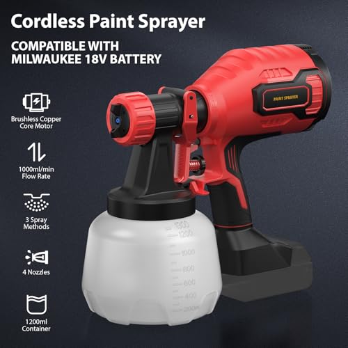 Brushless Cordless Paint Sprayer Compatible with Milwaukee 18V Battery (Battery Not Included),1000ml/min High Flow,1200ml Container,150 Din/s Max Viscosity,Paint Sprayer for Furniture & Cabinets