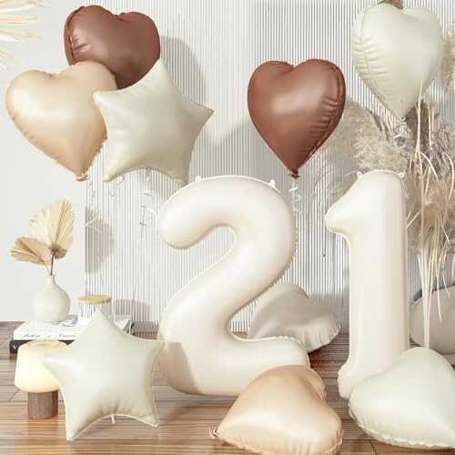 Balões de 21 aniversário cor creme para ela, balão grande bege areia branco neutro 21 balões de alumínio com coração de hélio castanho nu para meninas, mulheres e homens, aniversário, casamento,