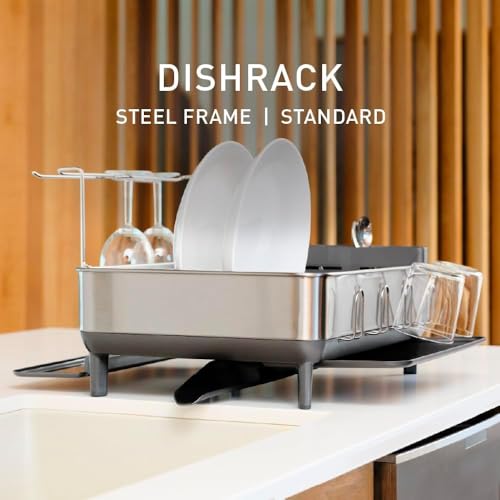 Image of simplehuman Steel Frame Dishrack, Large Capacity Dish Drying Rack, 360º Easy Drain Swivel Spout, Utensil & Wine Glass Holder, Anti-Residue Coating, Moisture Control Surface, Brushed Stainless Steel