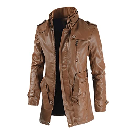 XJZKA Veste de Moto pour Homme 3/4 en Cuir Marron Vieilli Vintage en Cuir véritable avec col en Fausse Fourrure Doublure en Polaire épaissir Manteau Chaud d'hiver,Marron Clair,XXL Cover