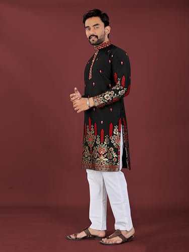 Image of Men's Cotton Silk Kurta with Jacquard Work Full Sleeves Floral Printed Side Slit and Mandarin Collar Neck | Kurta Pajama Set for Men Cotton Wedding | Short Kurta for Men