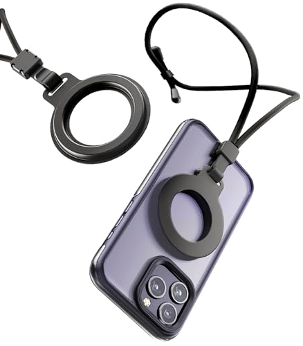 ENCASED Sangle de cou magnétique compatible MagSafe – Cordon de téléphone réglable noir, lanyard bandoulière pour iPhone