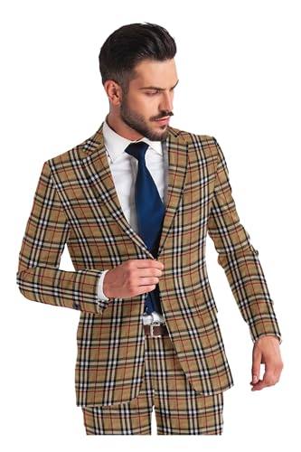 Elina fashion Men's Plaid Blazer Checks 2 Button Long Sleeve Slim Fit Suit Jacket Business Casual Coat Rakhi Diwali Gift
