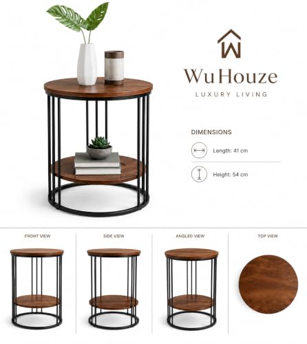 Image of Modern Double-Top Coffee Table with Rustic Farmhouse Accent, Multipurpose Living Room Bedroom, Two-Tier Small Sofa Side Bedside Table with Metal Frame Nightstand (Black Brown)