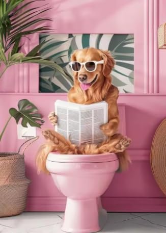 DYHOLILAND Fashion Funny Animals Wall Art Golden Retriever Reading Newspaper Poster For Boys Girls Room Decor-Pink Bathroom Art Canvas Print Picture