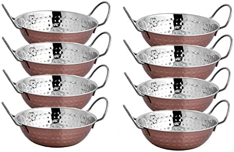 Evokk Pack of 8 Indian Copper Karahi Dishes Vegetable Dinner Traditional Balti Bowl with Handle for Indian Food Indian Restaurant (16cm Diameter)