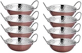 Evokk Pack of 8 Indian Copper Karahi Dishes Vegetable Dinner Traditional Balti Bowl with Handle for Indian Food Indian Restaurant (16cm Diameter)