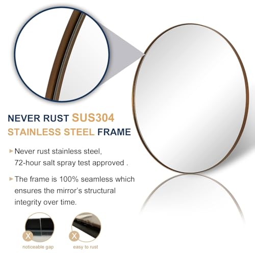 Image of ANDY STAR Round Wall Mirror, 30 Inches Brushed Bronze Bathroom Mirror, Modern Vanity Mirror in Stainless Steel Frame