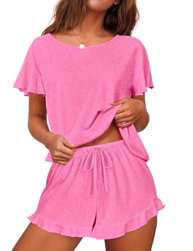 Image of Ekouaer Women's Pajama Set Ruffle Sleeves Top and Short | 2 Piece Ruffle Hem Sleeves Top and Shorts Pjs Set, Soft Short Sleepwear Set, Elastic Waistband Design