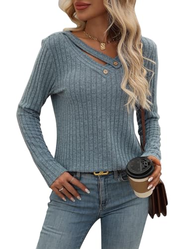Flikity V Neck Jumpers for Women UK, Long Sleeve Tops Women Knit Ribbed Tops Ladies Lightweight Jumpers Tunics for Leggings Womens Spring Autumn Winter Clothes Blue XL