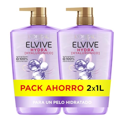 L'Oréal Paris Elvive Hidra Hialurónico Pack 2 Champú 72 horas de Hidratación, 1 L