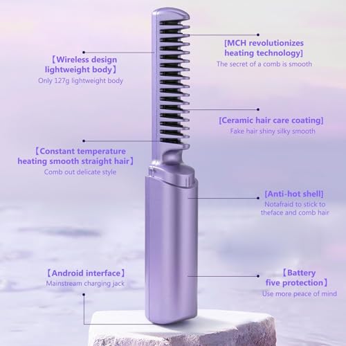 Image of Wireless Hair Straightening Brush | Rechargeable Hair Straightener Brush For Women | Cordless Heat Straightener Comb, Electric Hair Brush Straightener with Negative Ion