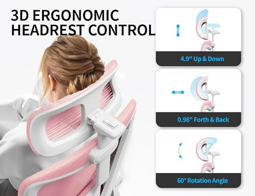 Image of Pink Ergonomic Office Chair: Mesh Desk Chair Comfy with Adjustable Lumbar Support 330lbs High Back Computer Gaming Chair - Big and Tall Office Chairs with Headrest - Adults Home Office