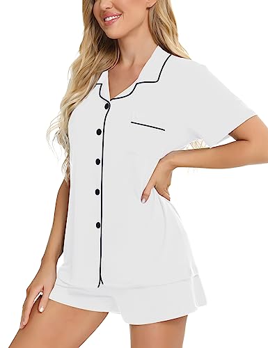 Image of SWOMOG Womens Button Down Pajamas Set Short Sleeve Sleepwear Bride Soft Pj Lounge Sets XS-3XL
