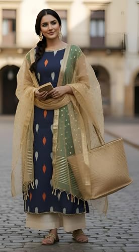 Image of Cotton Pochampally ikat unstitched blouse, Kurthi, long frock fabric material for women (1 meter, 2 meters & 3 meters)