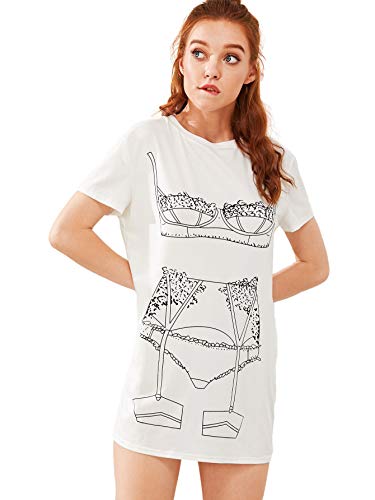 Floerns Women's Funny Lingerie Nightgown Cute Print Tshirt Sleepdress White M #TOP4