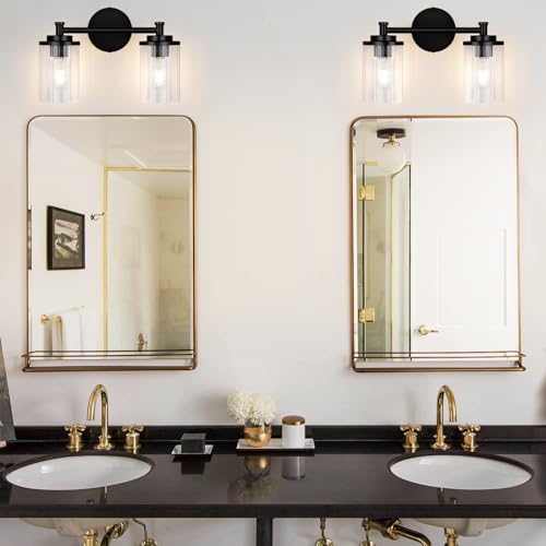 Image of Bathroom Light Fixtures Black Vanity Lights 2-Light Bathroom Vanity Light 14 Inches Vanity Lighting for Bathroom Wall Lamp for Mirror Farmhouse Vanity Lighting Fixtures for Hallway Wall