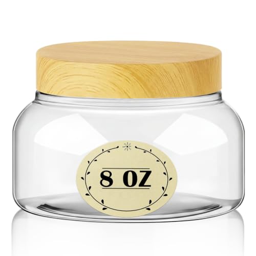 Plastic Cosmetic Jars with Lids Label, 8 oz, Clear,Light Wood-grain | Refillable Empty Cosmetic Containers with Lids for Body Butter, Sugar Scrubs, Cream Lotion, Bath Salty Slime Candy Storage