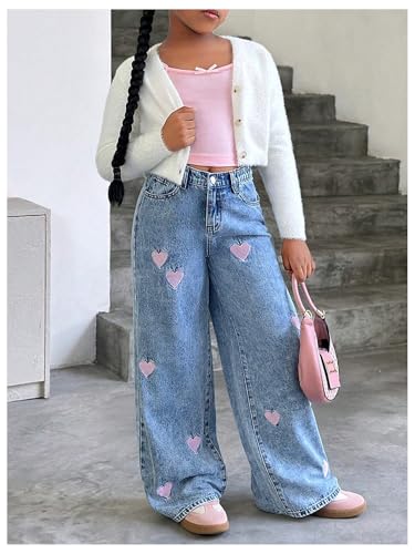 WDIRARA Girl's Heart Embroidered Y2k Denim Pants Elastic High Waist Wide Leg Jeans with Pockets3