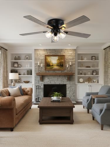 Image of 52 Inch Flush Mount Farmhouse Ceiling Fan with Lights and Remote | Rustic Fandelier Ceiling Fan, Low Profile Chandelier, 5 Dual Blade, for Bedroom Living Room, Reversible DC Motor 6 Speeds