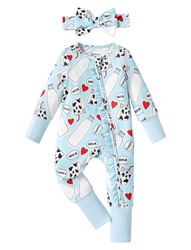 Image of PATPAT Baby Girl Boy Footie Clothes, Soft Viscose from Bamboo, 2-Way Ruffled Zipper, Fold-Over Mittens & Cuffs with Headband