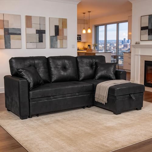 Image of KEIKI 71 inch Sectional Sleeper Sofa with Pull Out Bed, L Shaped Sleeper Sofa with Reversible Chaise, 3 Seater Modular Sectional Sofa with Storage for Living Room, Classic Black