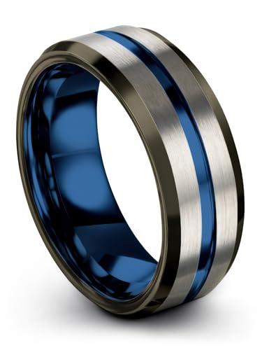 Tungsten Carbide Wedding Band Ring 8mm 6mm for Men Women Blue Center Line Gunmetal Grey Exterior Bevel Edge Brushed Polished Personalized Custom Engraving Anniversary Engagement