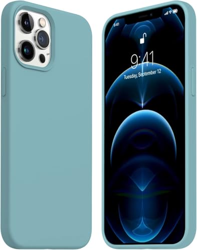 Image of VONZEE Microfiber Candy Case Compatible for iPhone 12 Pro Max Smooth Touch Cushion Liquid Soft Silicone Gel Rubber Non-Slip Full Body Protective Shockproof Back Cover|6.7 Inch|Solid (Cactus), Blue