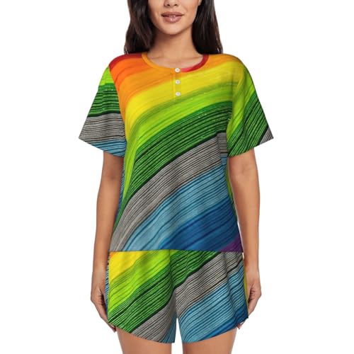 Pyjama court femme rayures arc-en-ciel vêtement de nuit premium