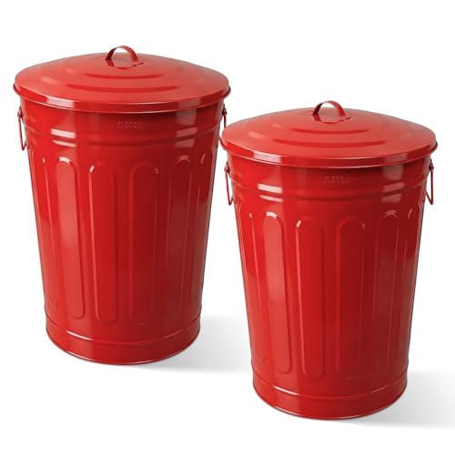 Image of Plexon Metal Trash Can with Lid 13 Gallon, Decorative Outdoor Trash Can Heavy Duty Galvanized Metal Bucket with Lid for Garage Workshop Storage Farmhouse, Red 2 Pack