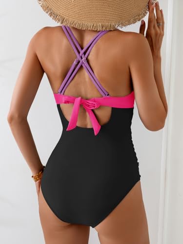 Image of Aidonger Women's One Piece Color Block Swimsuit Tummy Control Slimming Bathing Suit V Neck Cutout High Waisted Swimwear