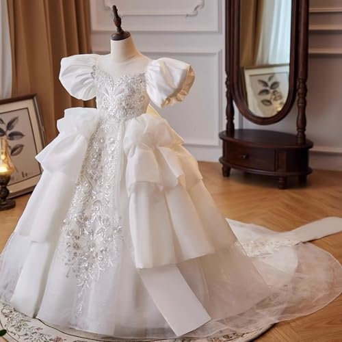 Lace Applique Tulle Flower Girl Dress with Train Puffy Floral Pageant Dresses Kids Birthday Wedding Party Ball Gown3